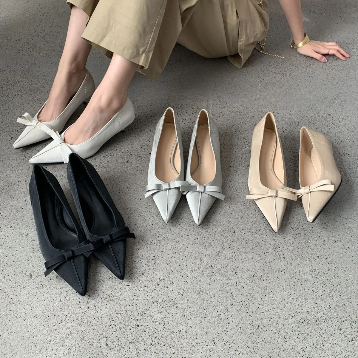 Bowknot Pointed Toe Kitten Heel Women's Baotou Sandals New Solid Shallow Mouth Slip On Pumps Elegant Party Wedding Dress Sandals