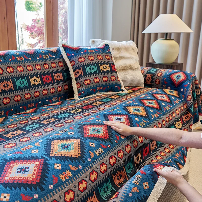Boho Retro Sofa Cover Cotton and Linen Cloth Anti-Slip and Anti-Dirty All-Season Scratch-Proof One-Piece Sofa Covers Blanket