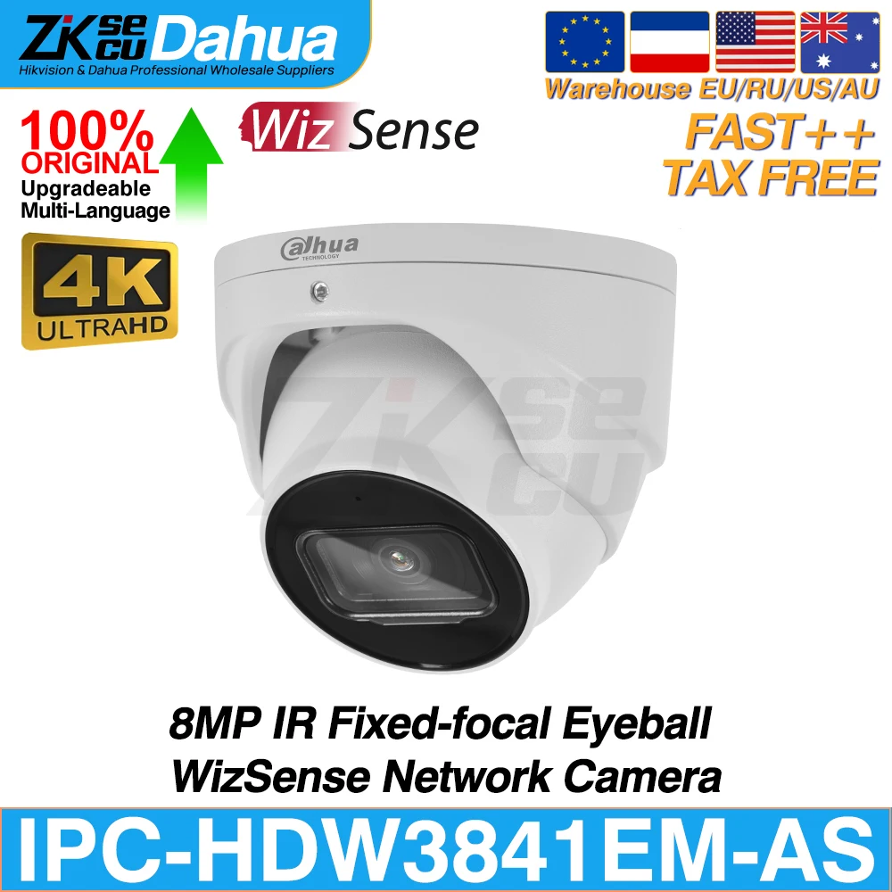 

Dahua Original IPC-HDW3841EM-AS 8MP 4K WizSense Network POE IP Camera IR 30M SD Slot Built-in MIC IVS SMD Plus IP67