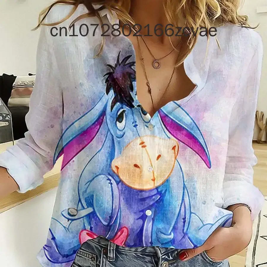 New Disney Eeyore Women\'s Long sleeved Shirt Fashionable and Elegant Button Shirt Disney Hawaii Y2K Casual Women\'s Shirt