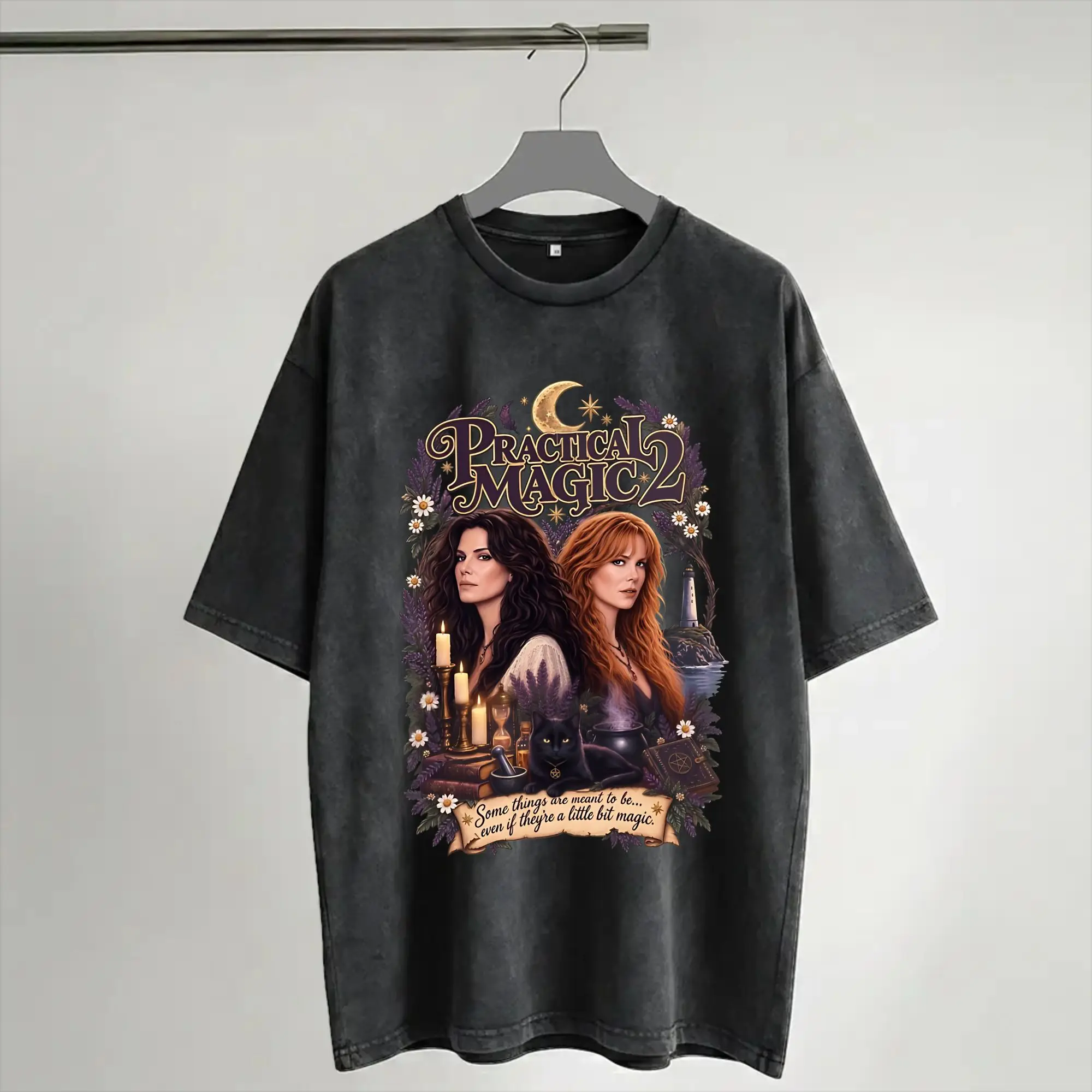 Harajuku Washed Shirt Practical Magic 2 Witchy Gothic Fantasy Occult Black Cat Merch Fashion T Shirt Oversize  Streetwear