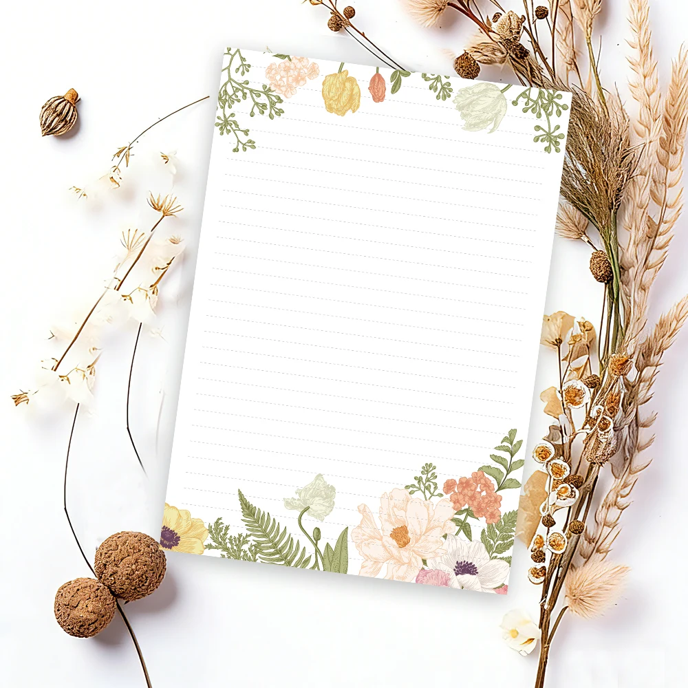 30 hojas, papel de escritura floral vintage B5, rayado, sin pegamento, muy adecuado para cuadernos, notas y pegatinas