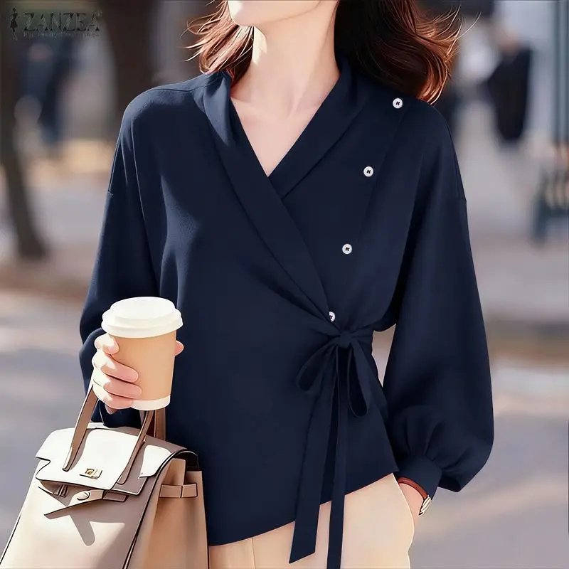 بلوزة نسائية للمكتب من ZANZEA قميص خريف وربيع 2025 أنيق بياقة على شكل V وأكمام طويلة بلوزات متينة برباط علوي بلوزات نسائية