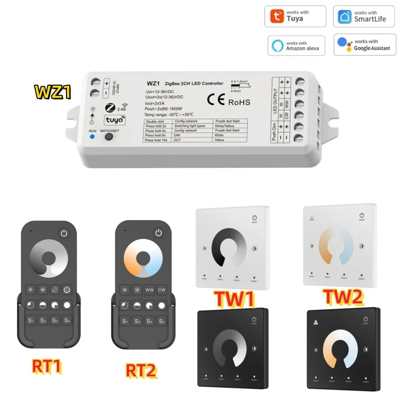 WZ1 Tuya LED Controller ZigBee 2CH*5A Wireless RF Dimmer RT1 RT2 TW1 TW2 DC12-24V 36V for Single Color CCT LED Strip Light Lamp