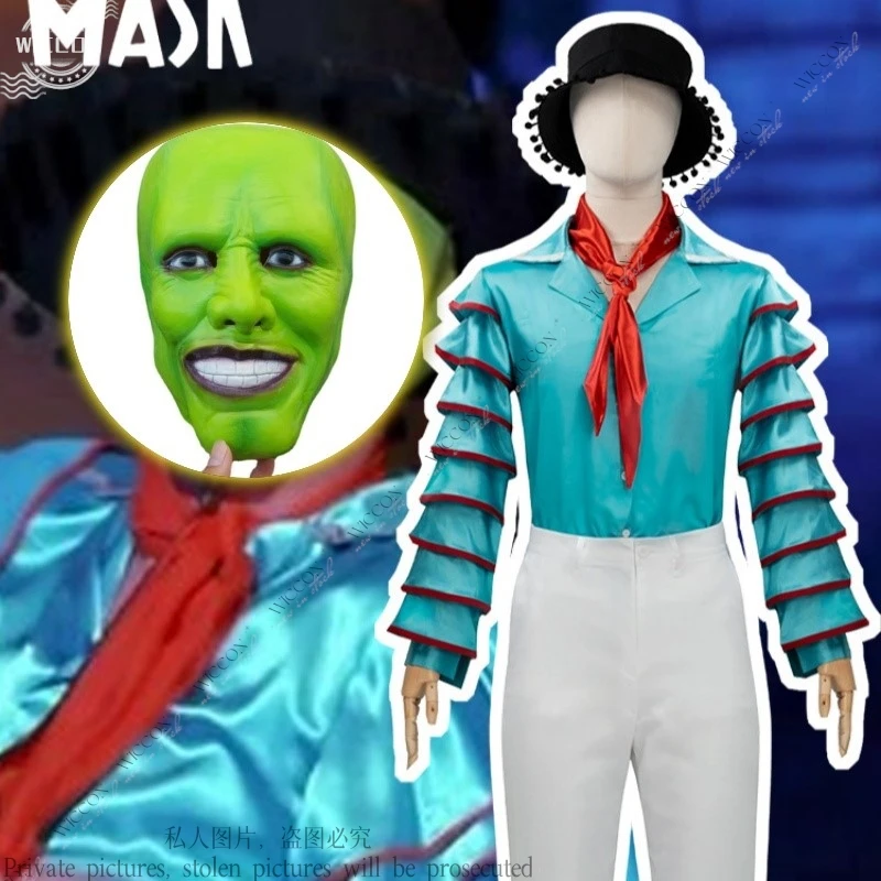 The Movie Cos Mask Cosplay Costume Woman Man Shirt Pants Hat Neckpiece Halloween Party Funny Mask Green Performance Cloth