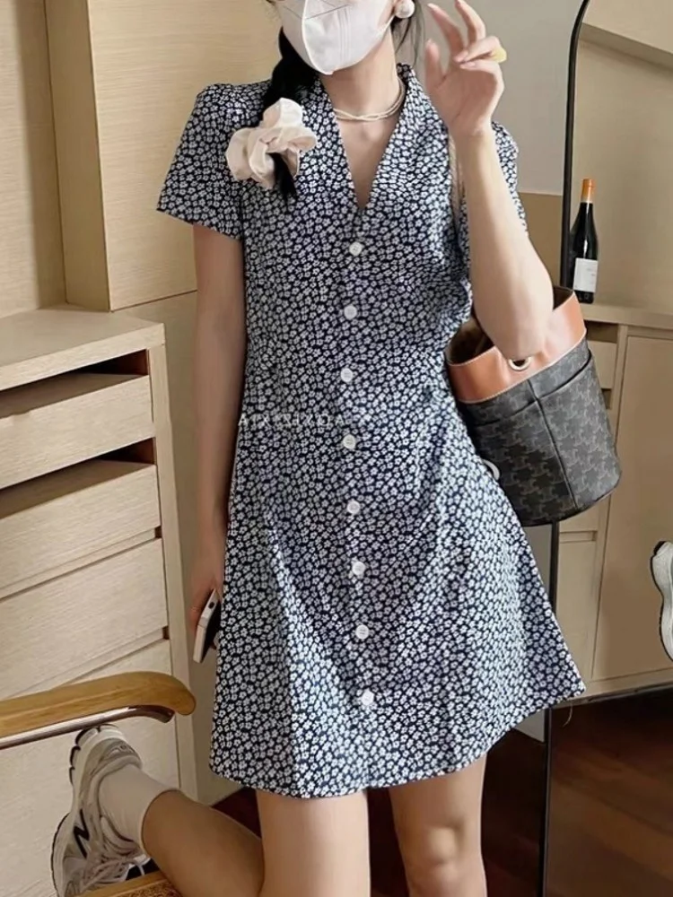 Ele Bloemen V-Ne ort Sve Chiffon Dr Dames Zomerontwerp Afslankende irt Dr A-lijn Rok Enkele knoopsluiting