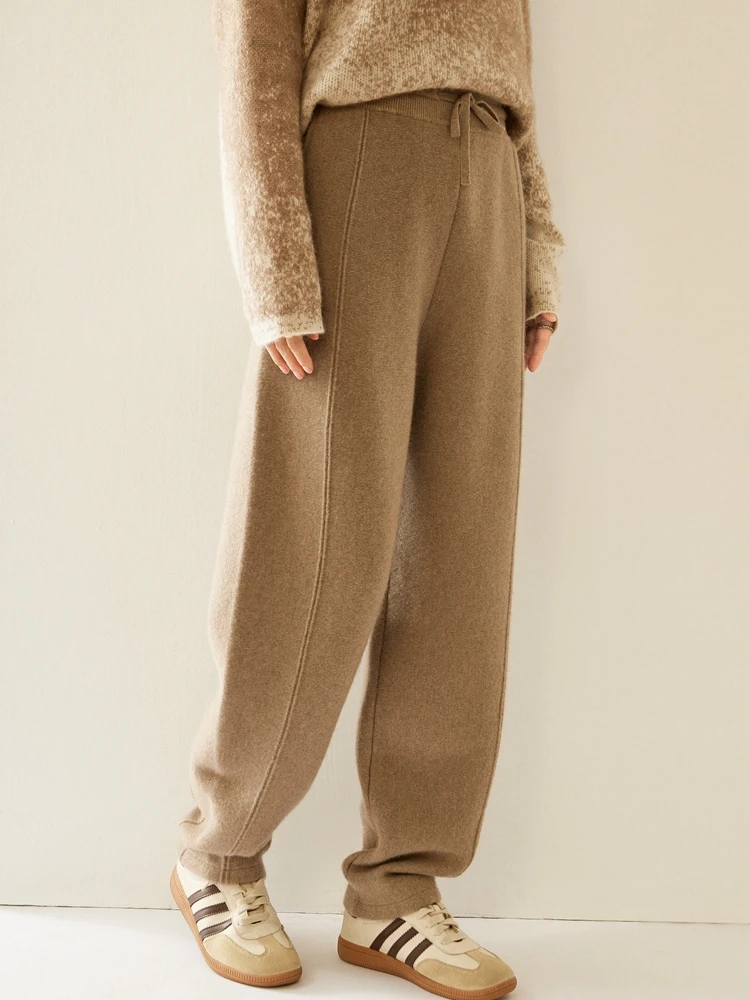 Pantaloni da donna in cashmere 100% di alta qualità Pantaloni a banana di classe Pantaloni a vita alta Pantaloni sportivi larghi Pantaloni a matita in cashmere da donna