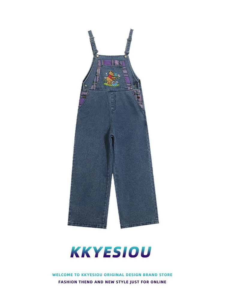 

High Waist Denim Overalls Stitched Patchwork Bear Embroidery ex Japanese College Sle Inteated Pants Youth Faion