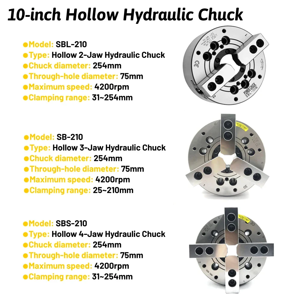 Hollow/solid Hydraulic Oil Power Chuck 10 Inches 254Mm 2/3/4Jaws A8 Flange Workholding Chuck for CNC Machining Center