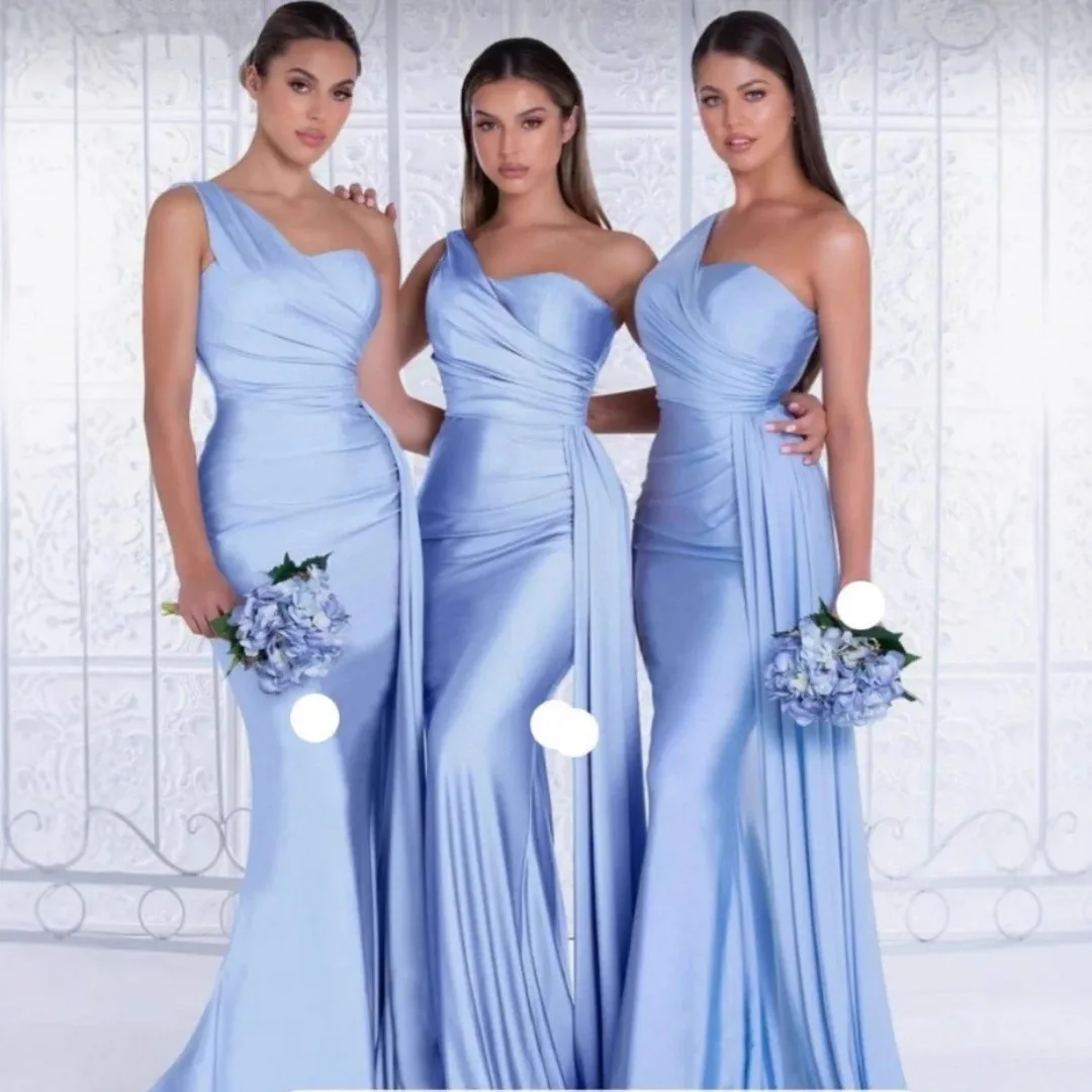 

Spandex Satin Mermaid Bridesmaid Dresses Sweetheart One Shoulder Elegant Sleeveless Sweep Train Bodycon Wedding Party Prom Gown