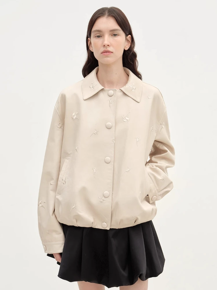 Vintage Short Genuine Leather Embroidery Jackets for Women Spring Autumn High-end Solid Simple Oil Wax Soft Real Sheepskin Coat