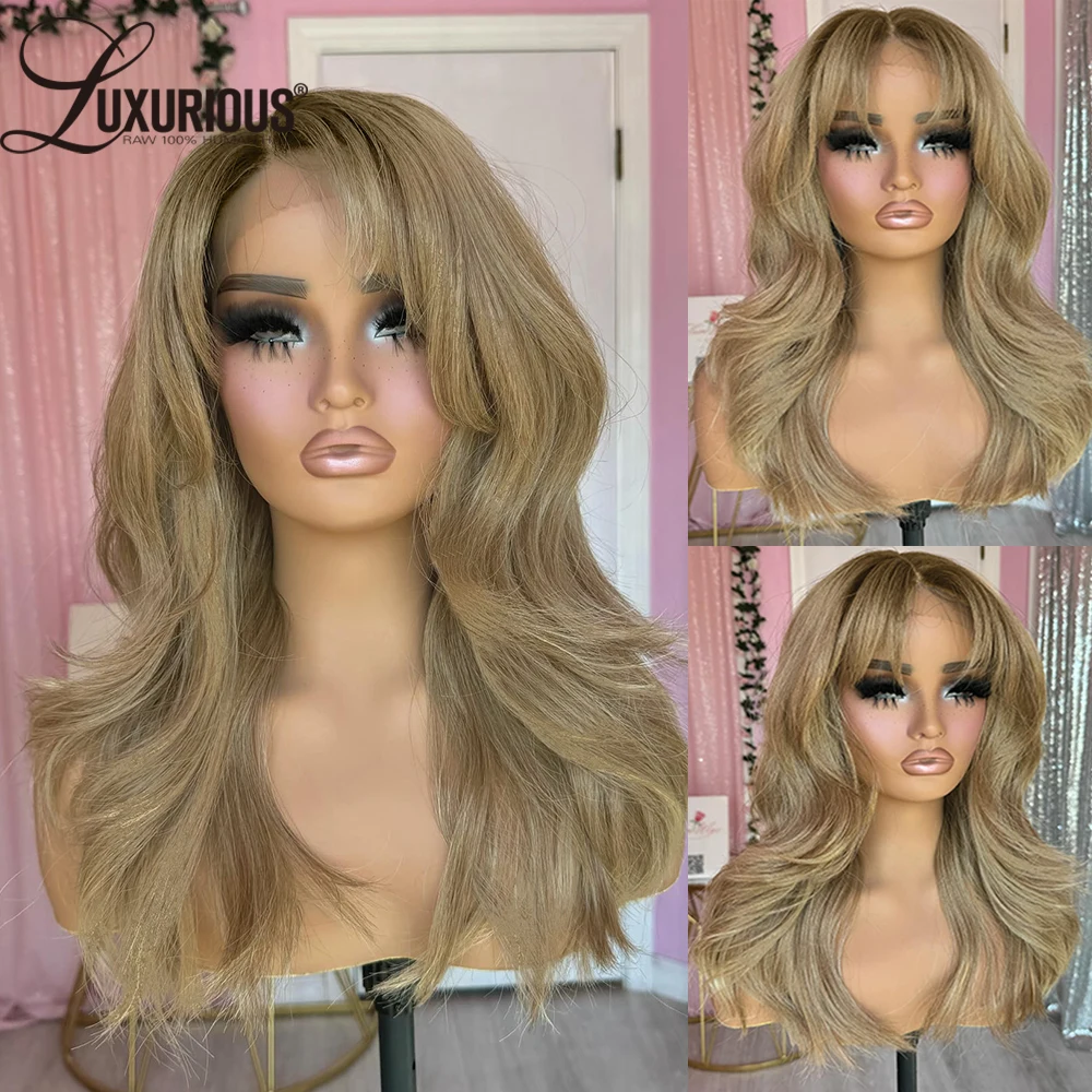 Honey Blonde Inspired Layered Colored Human Hair Wigs Pre-Cut Lace Wig 13x4 Lace Front Wig Put On And Go Wig With Curtain Bangs