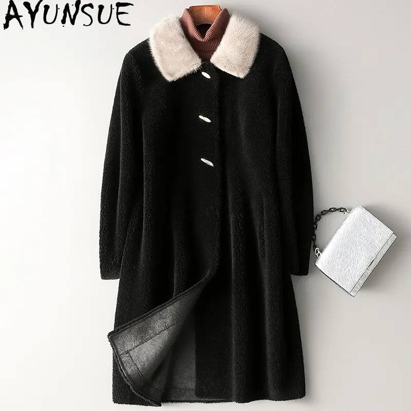 

AYUNSUE 100% Sheep Shearing Jacket Women Fur Coats Mink Fur Collar Wool Jackets for Women 2023 Winter Fur Jacket Abrigo Mujer