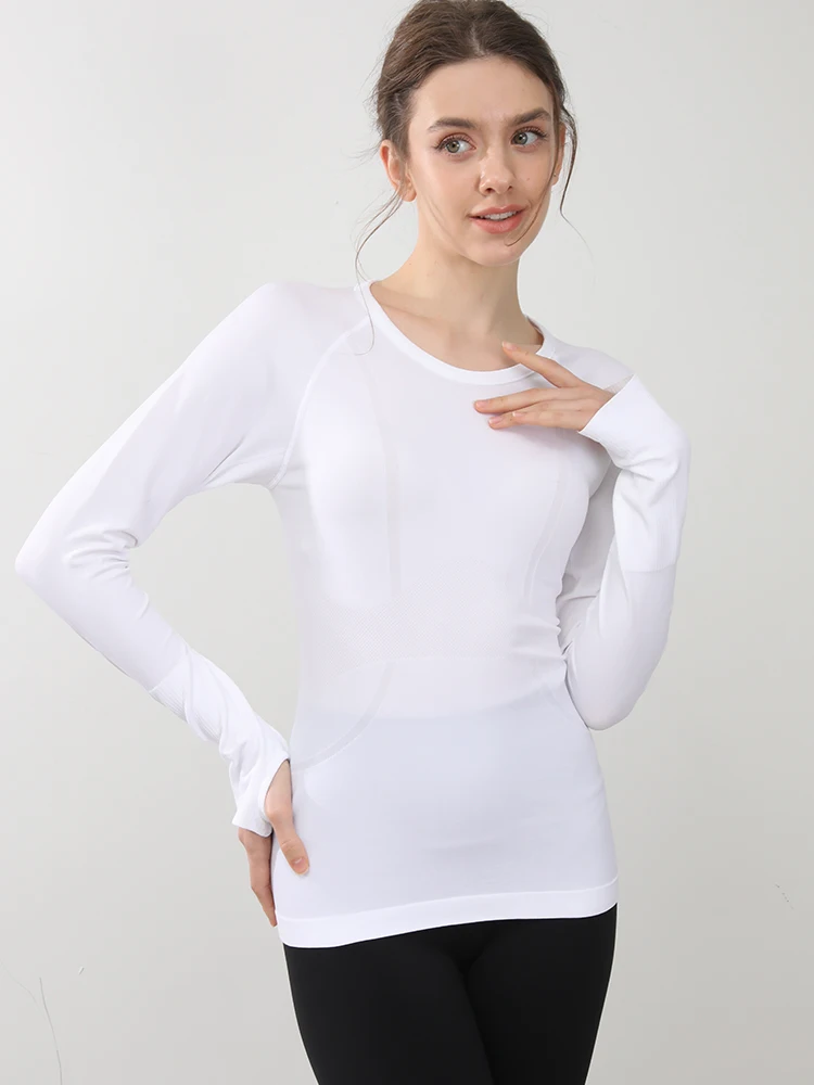 Nahtloses Yoga-T-Shirt für Damen, Sport-Top mit Rundhalsausschnitt, schmal geschnitten, langärmelig, für Laufen, Fitness, Workout, Gym – Detail 12