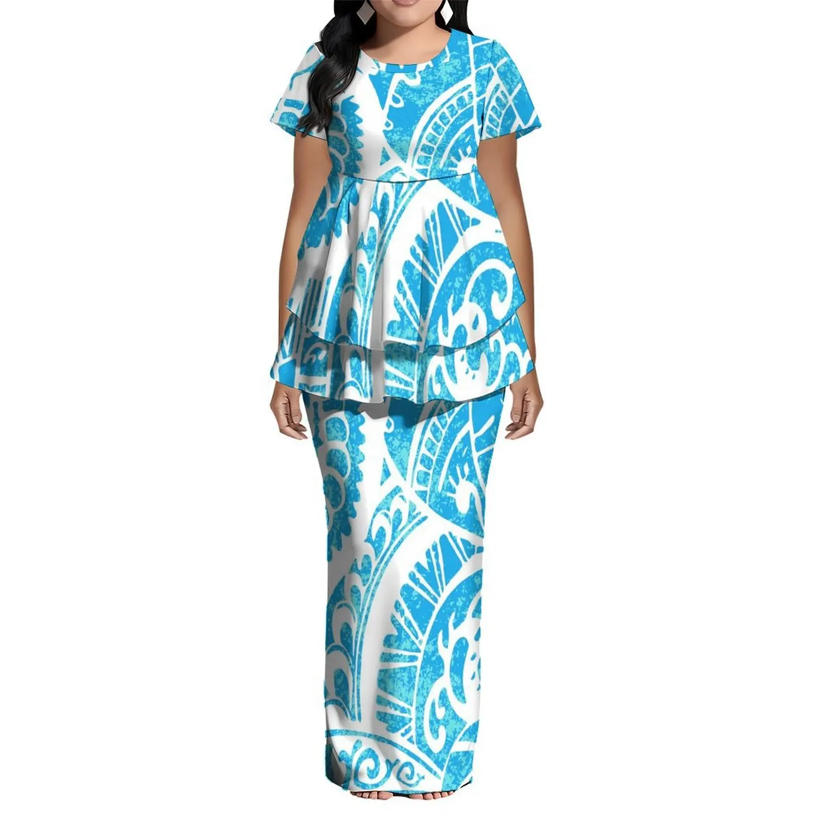 Customized Double-Layered Lower Hemming Slimming Ladies' Puletasi 2-Piece Set Summer Polynesian Short-Sleeved Ladies' Dress Set