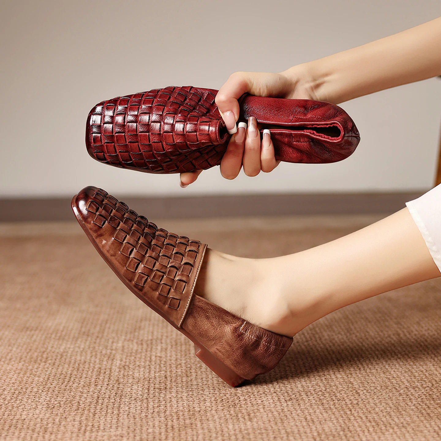 2026 new spring autumn women pumps natural leather 22-25cm weave cowhide+sheepskin square toe low heel women shoes fashion