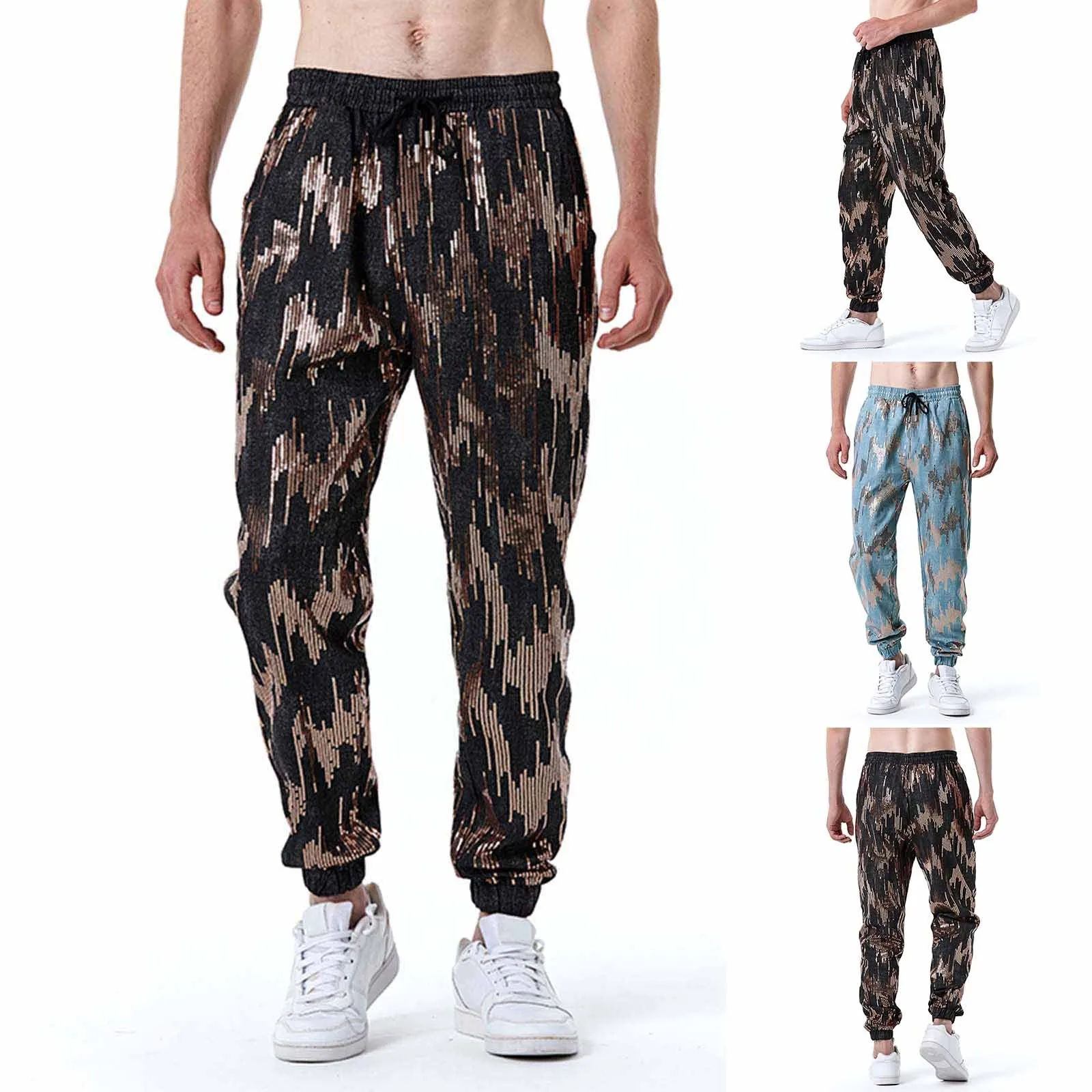 Black Metallic Shiny Sequin Jogger Pants Men Casual Drawstring Sweatpants Men Nightclub Dance Disco Party Trousers