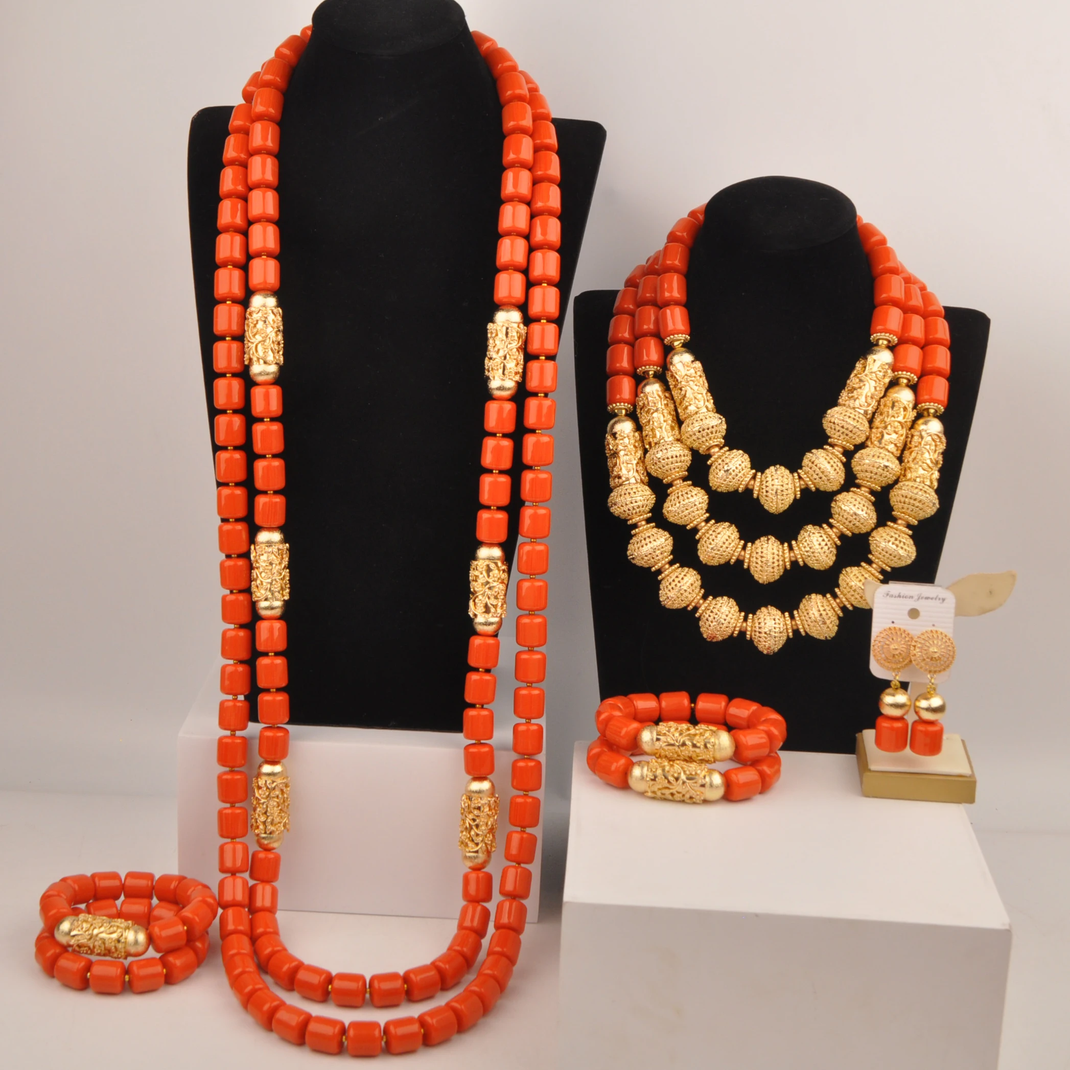 

Orange Artificial Coral Jewelry African Wedding Beads Nigerian Couple Necklace Sets