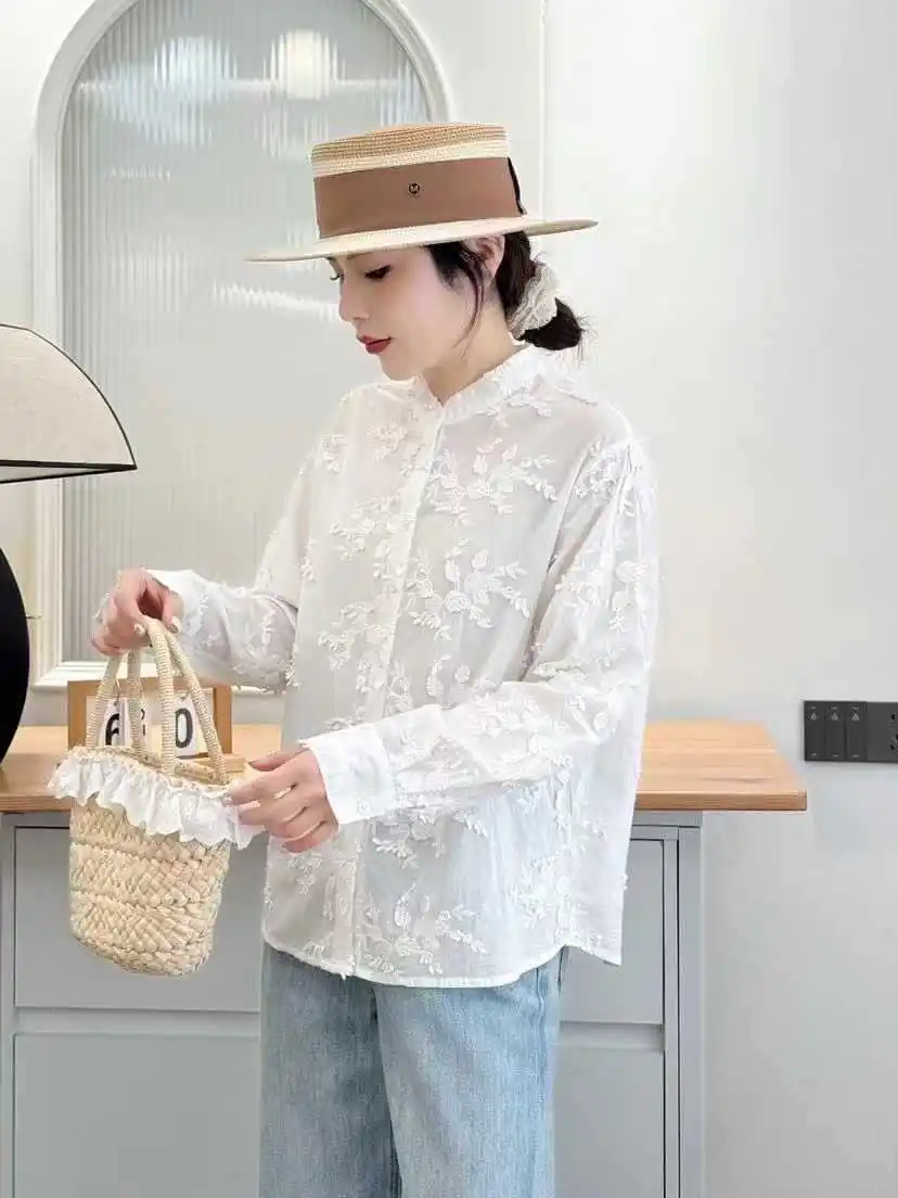 Nowa koszula z długim rękawem z bawełny na jesień 2025, damska stójka z haftem kwiatowym 3D, bluzka w stylu Mori Girl Retro Sweet Chic Loose T570114CC