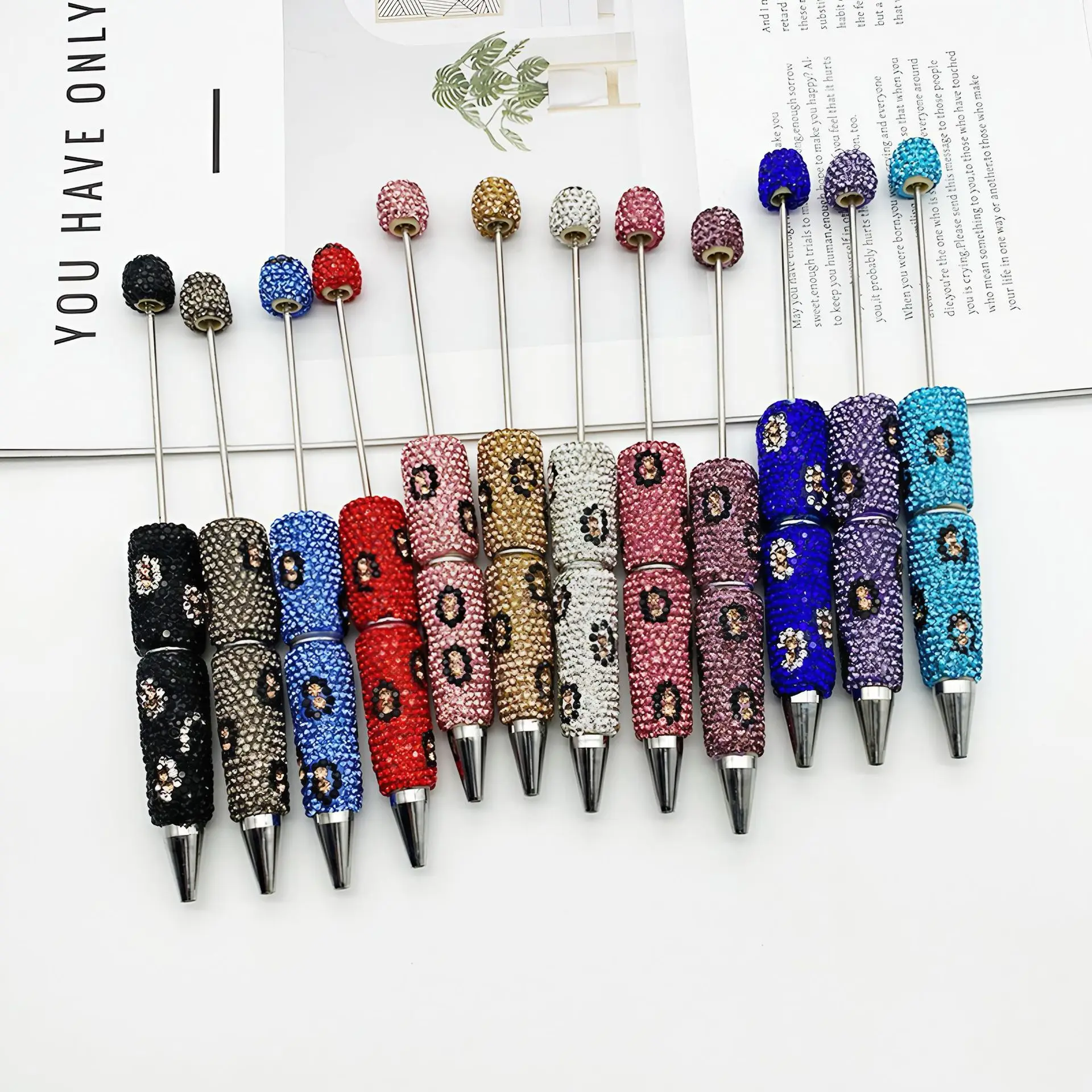 

50Pcs Leopard Glitter Bead Pen Bling Full Cover DIY Pens Personalized Jewelry Decorative Add A Bead Plastic Beadable Pen