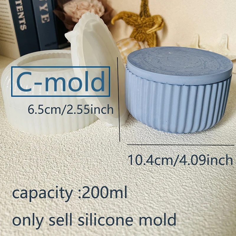 Cement Candle Jar Silicone Mold with Lid Simple Round Striped Concrete Storage Jar Mold Epoxy Resin Pen Holder Flowerpot Mold view 4