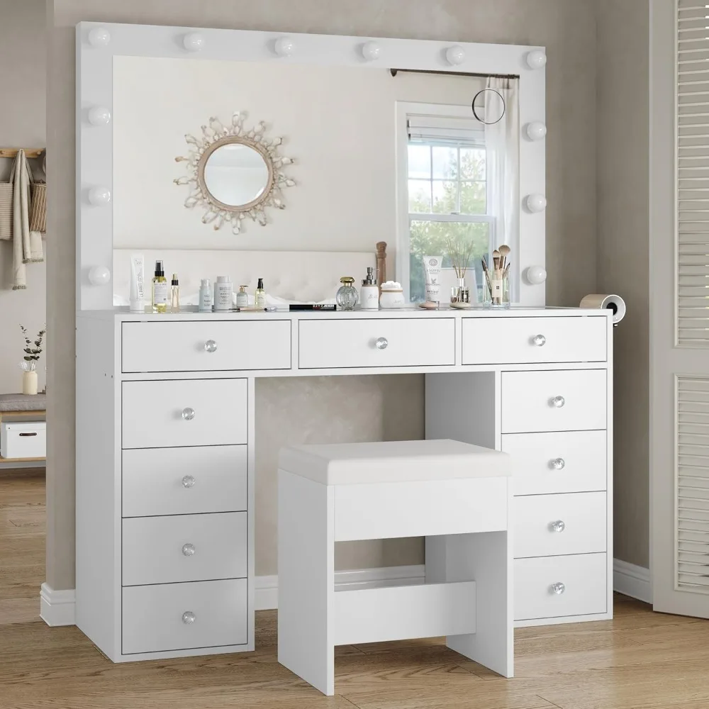

Vanity Desk & Power Outl, Makeup Vanity with Mirror and 12 LED Lights, Makeup Table with 11 Drawers, Vanity Table with Chair,Set