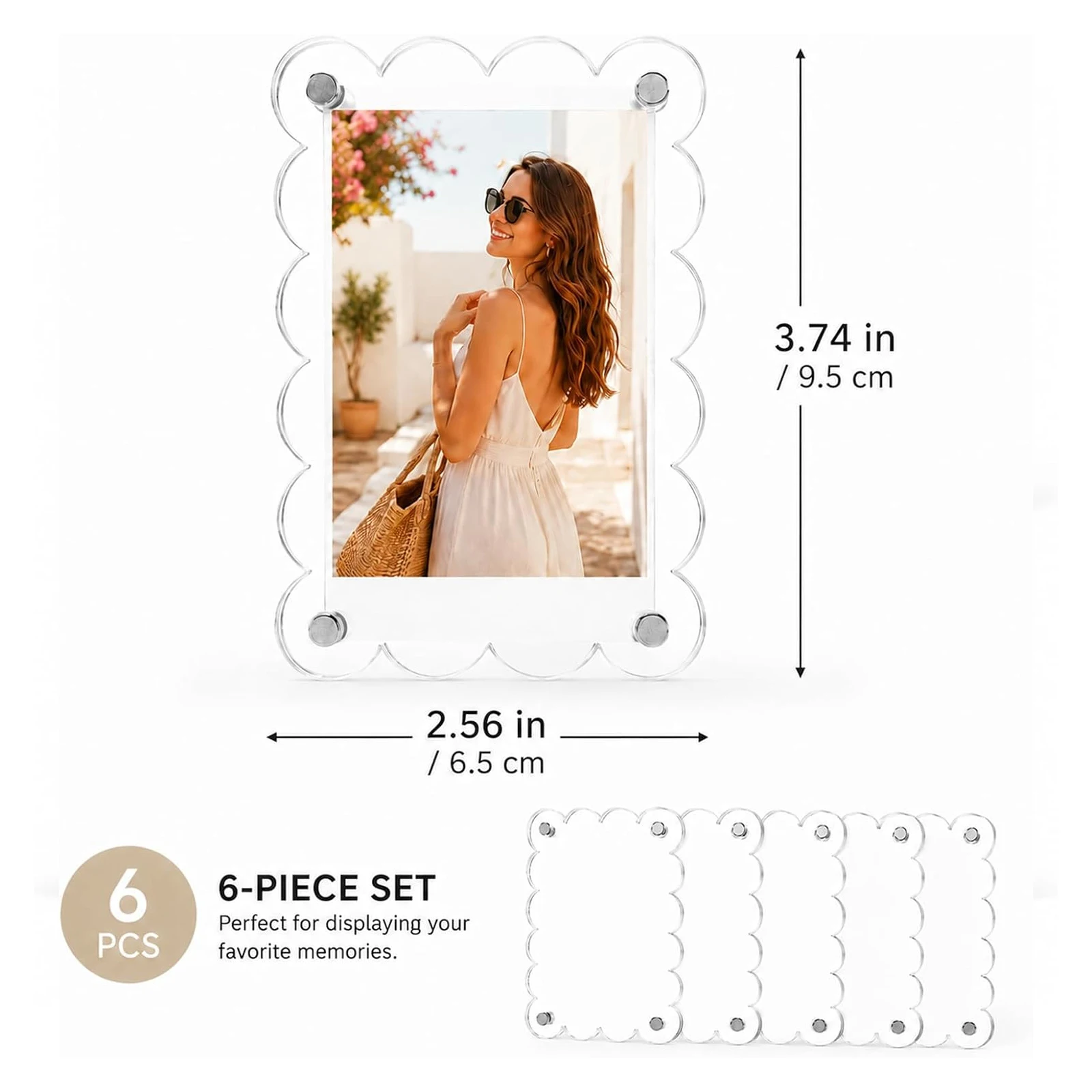 6 Pcs Scalloped Acrylic Magnetic Photo Frames 2.56x3.74in 4mm Wavy Edge Mini Magnet Frame for Fridge Locker Instant Photos Decor