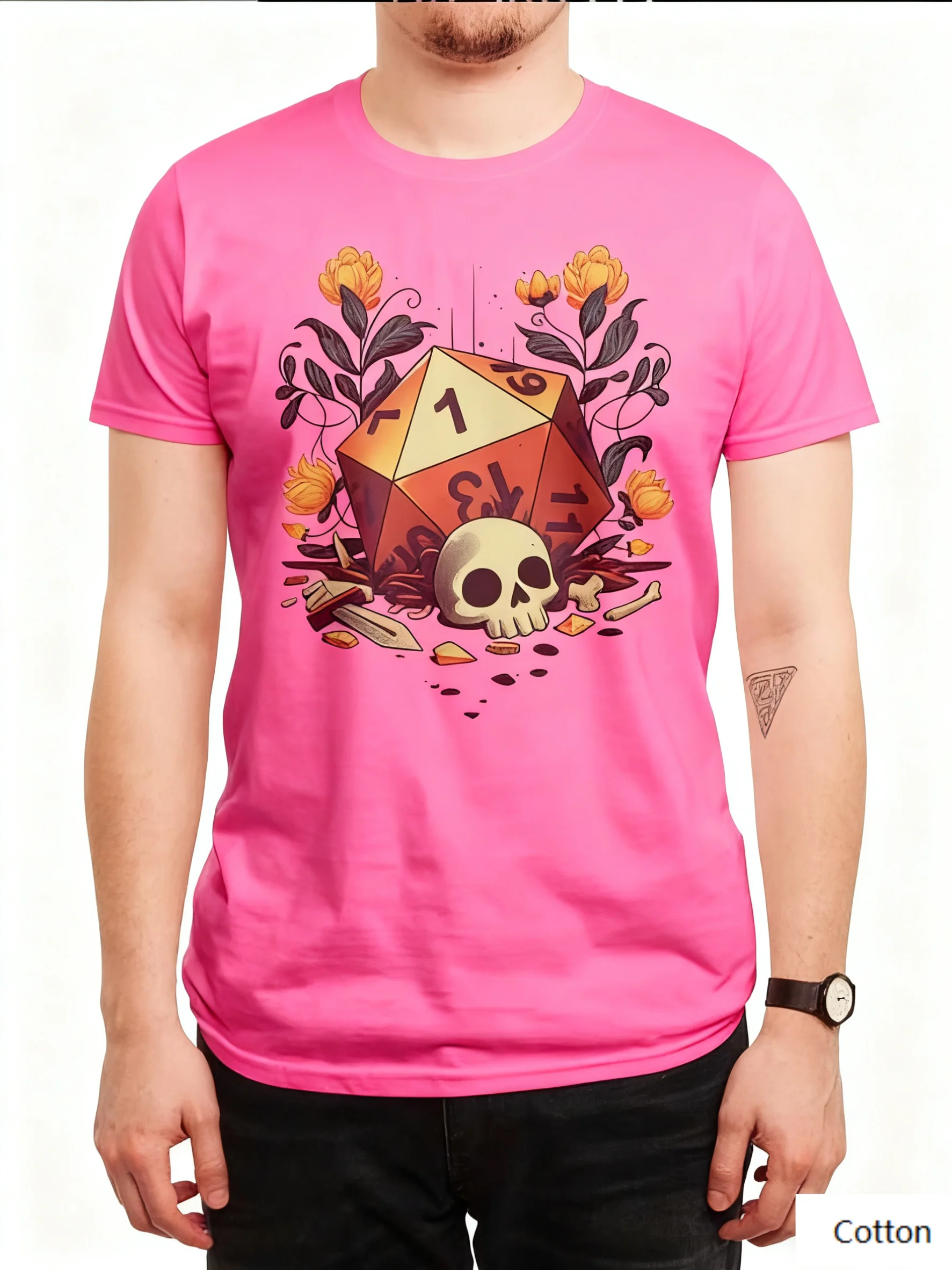 تي شيرت قطني فريد من نوعه مستوحى من آر بي جي برقبة دائرية يظهر تصميمًا حيويًا لزهور النرد والجمجمة والقطع المكسورة رائعًا