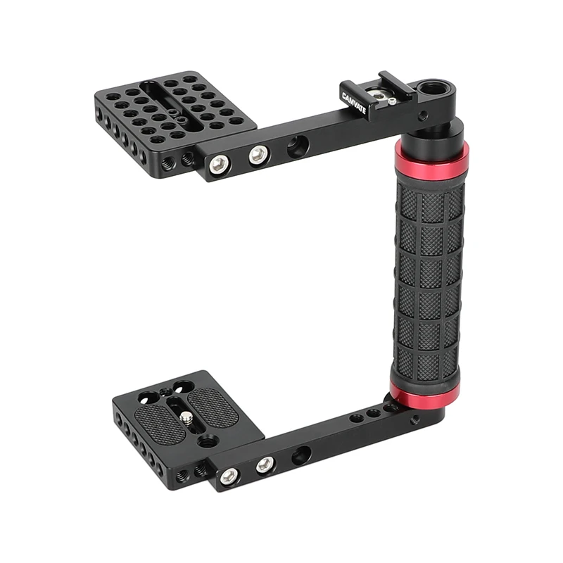 

Height Adjustable Camera Cage Rig with 15mm Rod Rubber Handgrip Cold Shoe Mount for Large DSLR Mirrorless Camera Video Filming