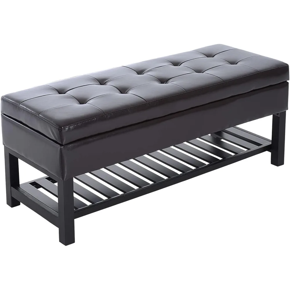 

44" Tufted Faux Leather Ottoman Storage Bench with Shoe Rack