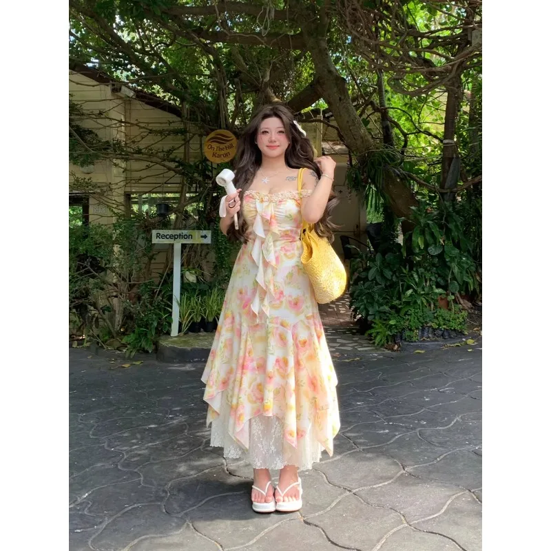 2025 sommer Mode Temperament Floral Spitze Trim Ärmelloses Kleid Plus Größe Frauen Urlaub Maxi Rock Blumen Druck Kleid