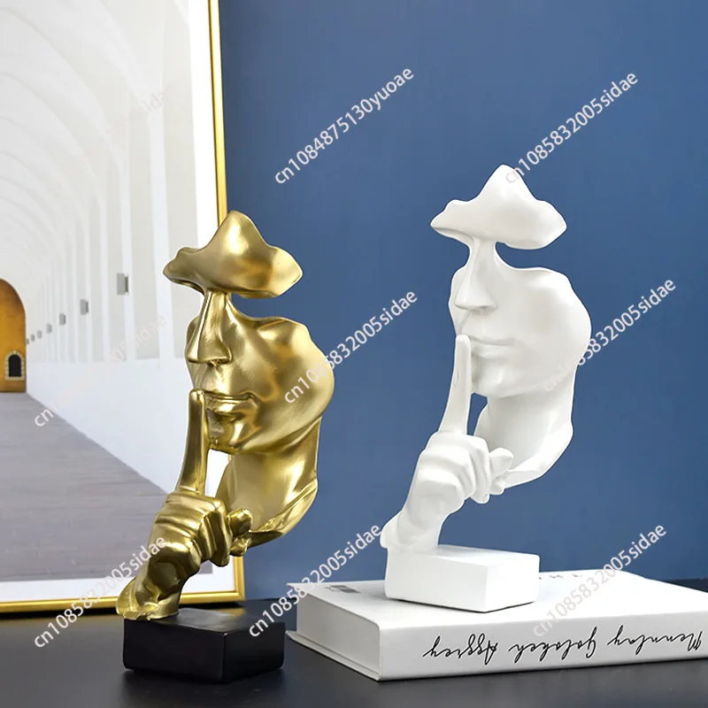 30cm Abstract Silence Is Golden Figurine Resin Hand Face Silent Men Statue Sculpture Living Room Home Office Decoration