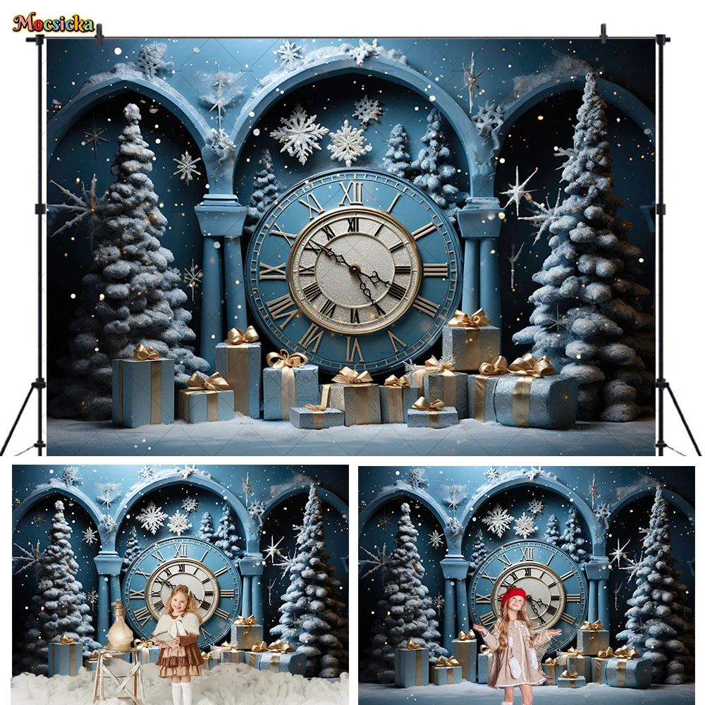 

Christmas Giant Clock Background Photography Blue Wonderland Xmas Tree Gift Snowflakes Backdrop Winter Kid Birthday Photo Studio