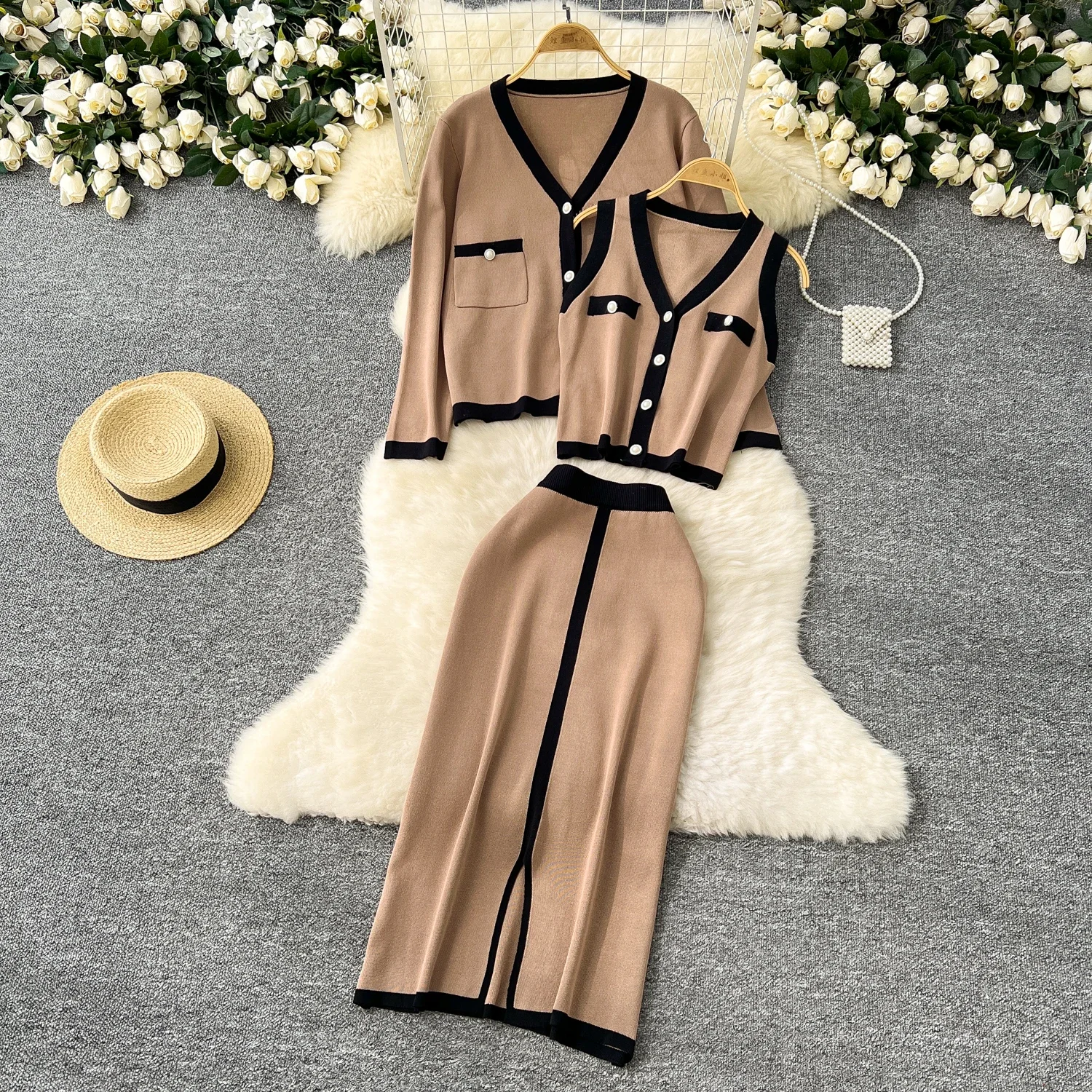 Chic Patchwork Women Three-Piece Sets Sleeveless Vest Single Breasted Top High Waist Skirt French High Street Autumn Clothing