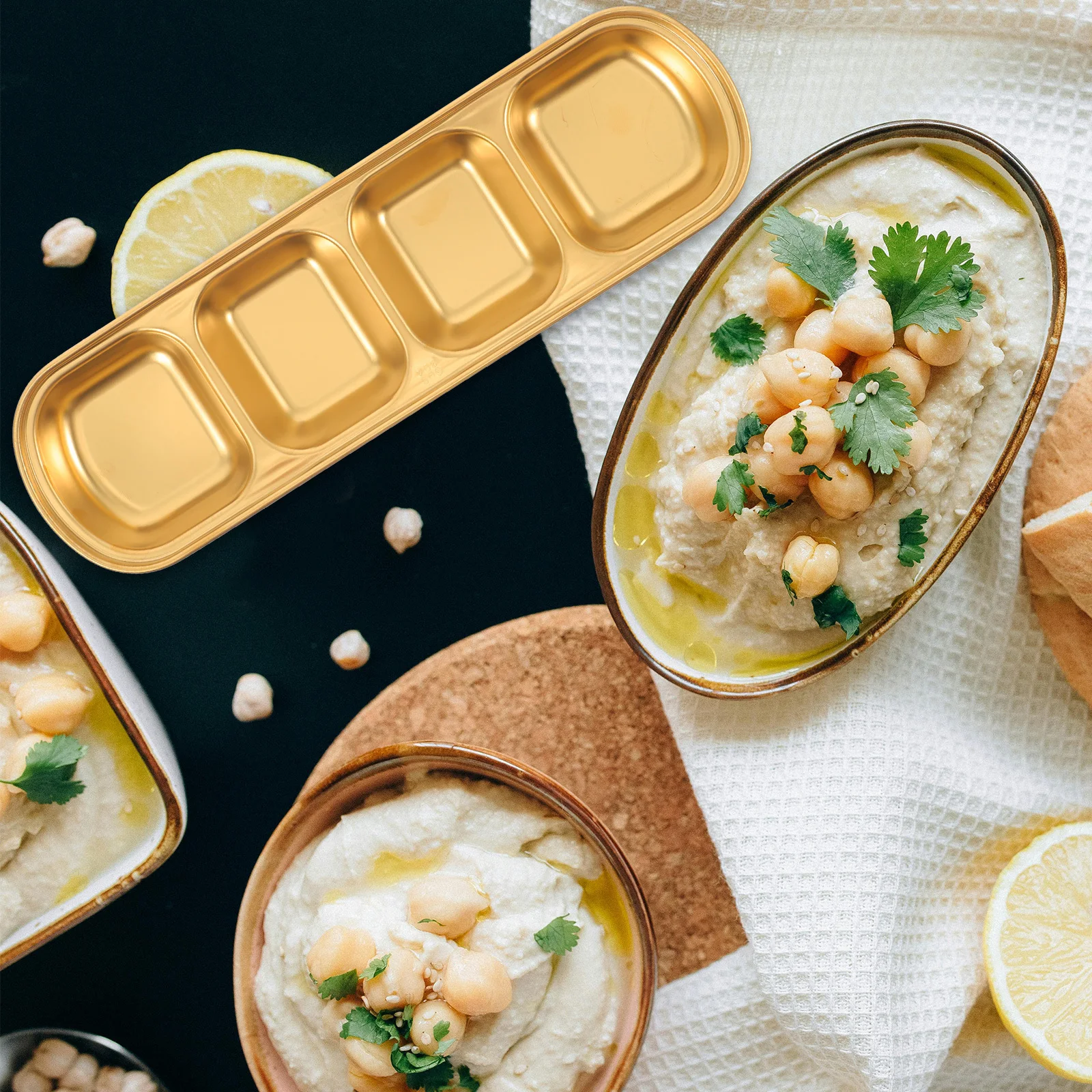 

2 pcs Four Compartment Sauce Dishes Stainless Steel Dipping Bowl For Sushi Soy Sauce Seasoning Small Bowls Appetizer Plates Dip