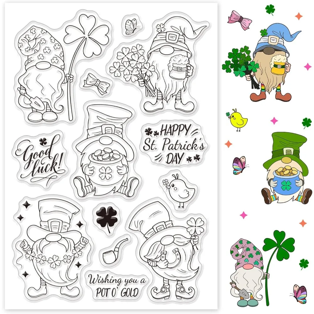 Gnome Silicone Clear Stamps Elf Transparent Stamp for Saint Patrick Day's Day Christmas Birthday Valentine's Day Cards Making