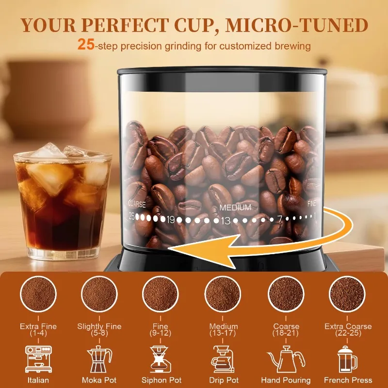 Conical Burr Coffee Grinder  Electric Coffee Bean Grinder with 25 Grind Settings Adjustable for 2-12 Cups Anti-Static Design