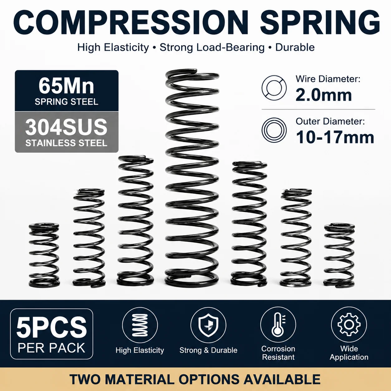

5pcs 304SUS/65MN high-pressure large spring WD 2.0mm OD 18-30mm Length 15-100mm spiral compression spring