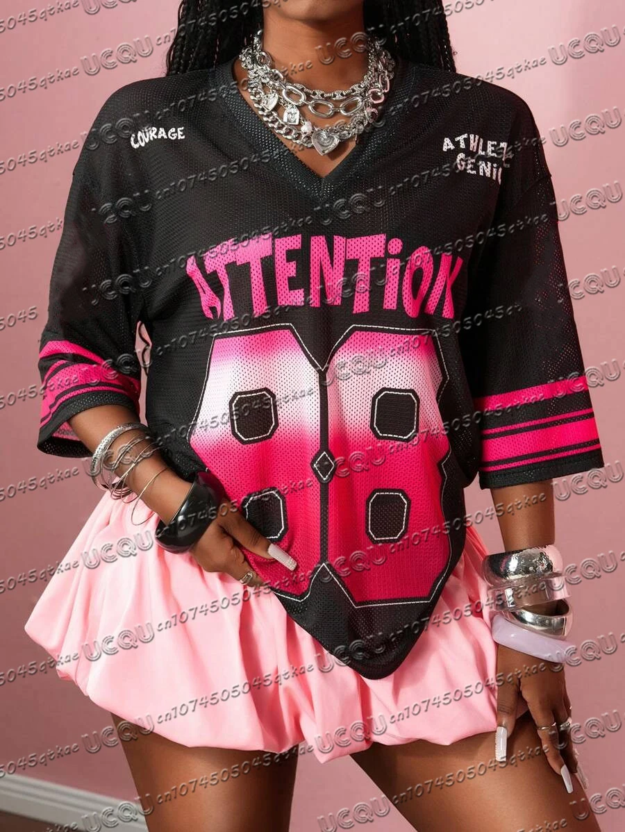 

2025 Women's New Jersey T-shirt 3D Digital Printing V-neck Loose Mesh Material Sports Tee Casual Sexy Fashion Clothing Top