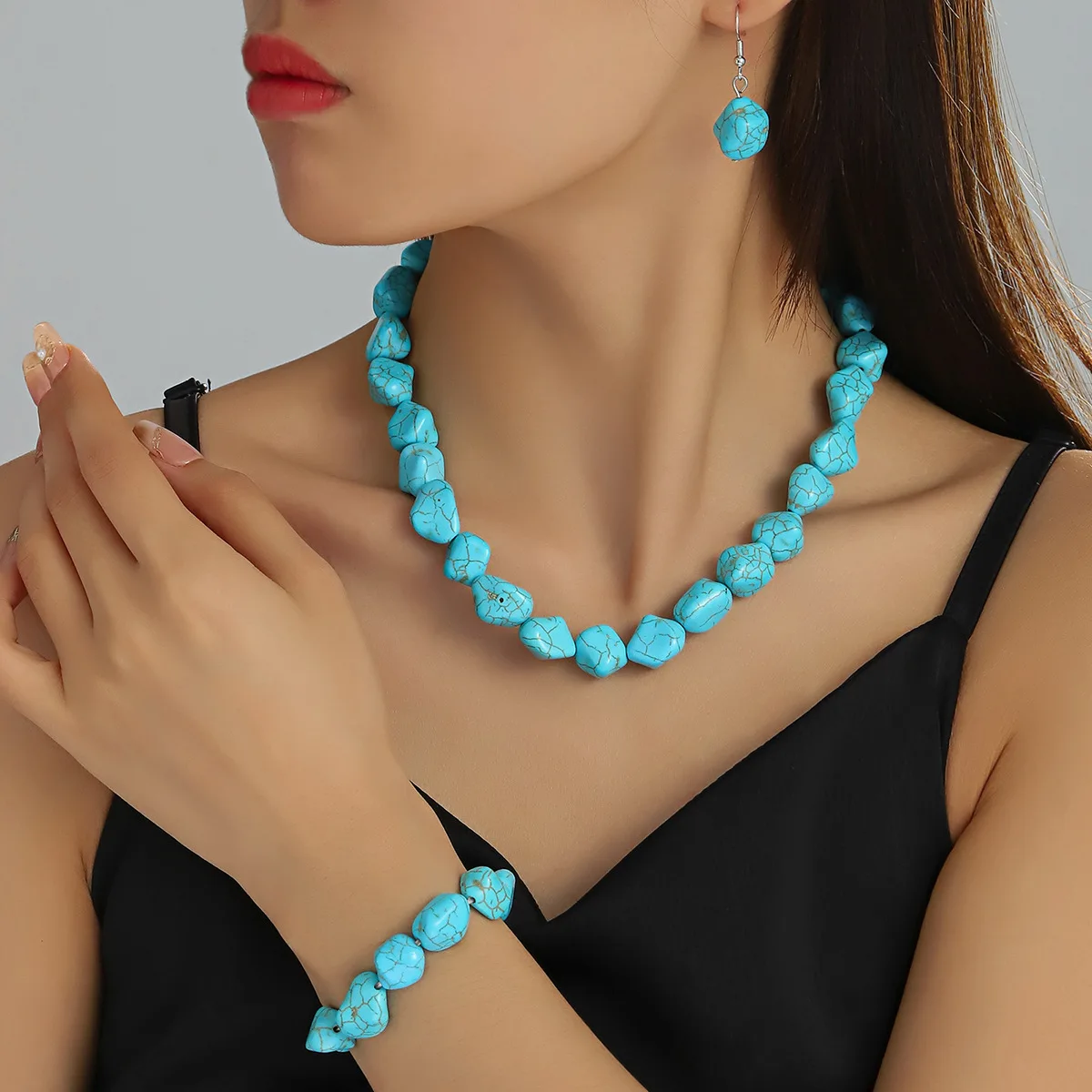 Natural Tibetan Silver Inlay Retro Turquoise Necklace Pendant Earrings Western Style Exaggerated High-grade Fashion Fine Jewelry