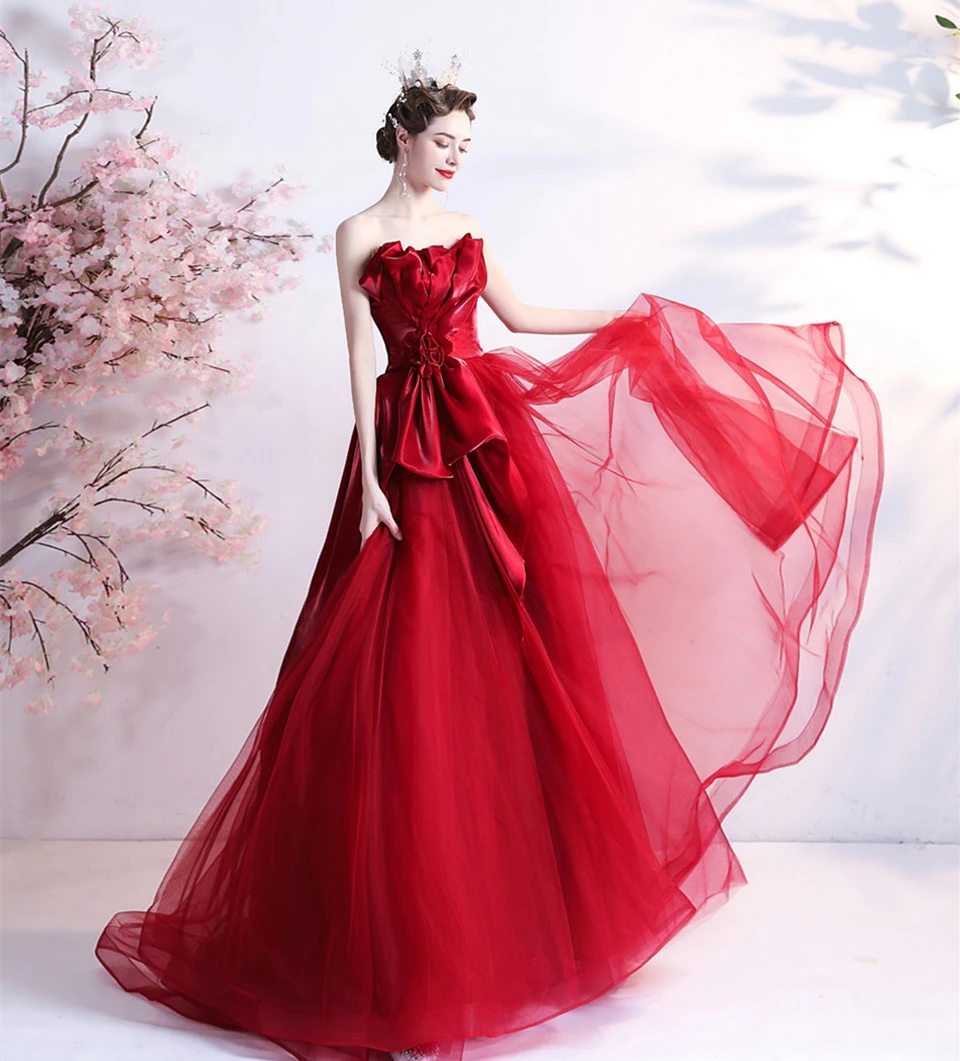 Magnifique bordeaux sans manches Tulle plissé longue formelle fête robes De bal pour les femmes à lacets dos longueur De plancher robes De Festa