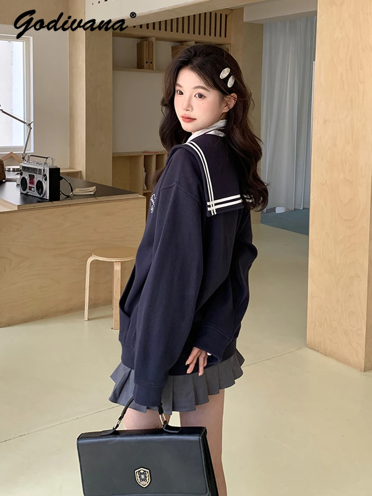 Preppy Style fille étudiant col marin à manches longues brodé lâche fermeture éclair Cardigan veste femmes printemps et automne manteau à capuche