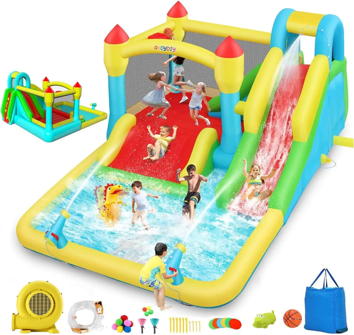 Riesige Hüpfburg-Wasserrutsche mit drei Rutschen, Spritzbecken, doppelte Wasserkanone, Kletterwand, großer Wasserpark mit GFCI Blo