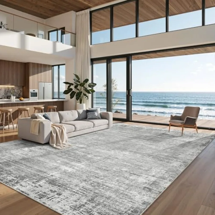 

9x12 Area Rugs for Living Room: Modern Abstract Design, Polyester Blend, Gray-Blue, Non-Slip Backing, Washable Stain Resistant,