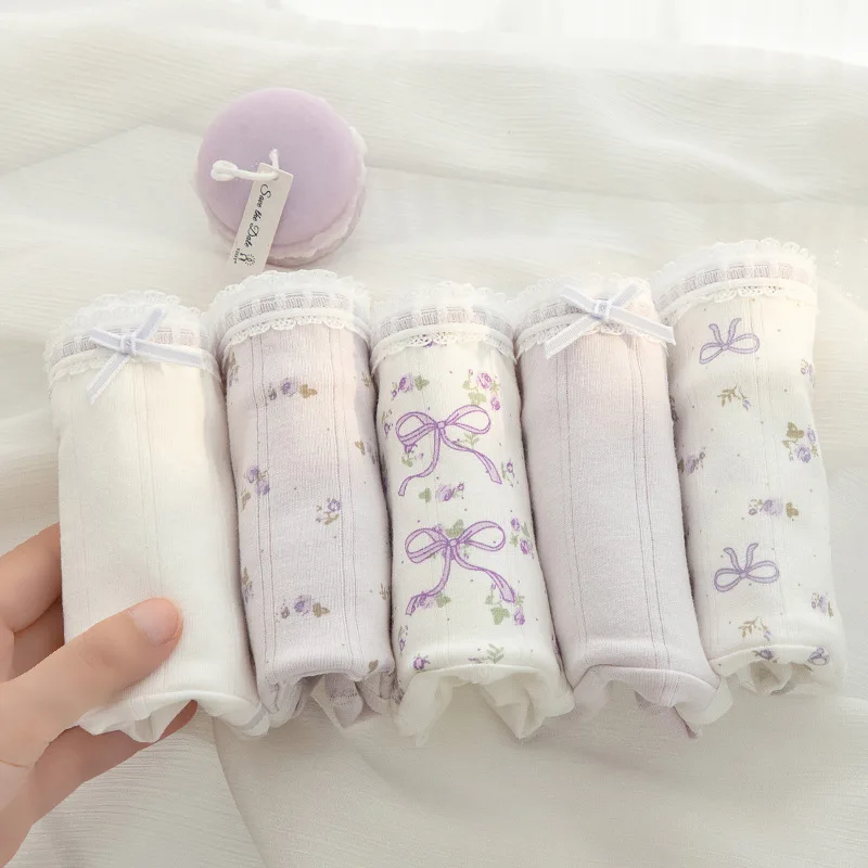 new Young girl Underwear 6pc/lot Cotton Lovely middle Waist Briefs student lace Panties children purple bow fashion Teenagers