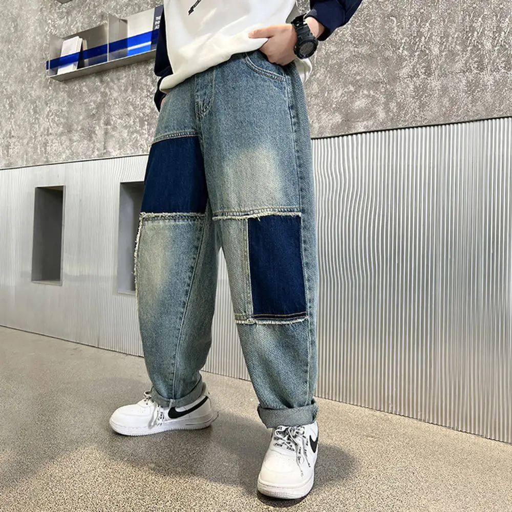 Kids Fashion Spring Patchwork Regular Jeans for Teenager Boys Casual Trousers School Children Hip Hop Street Denim Pants 5-14Y