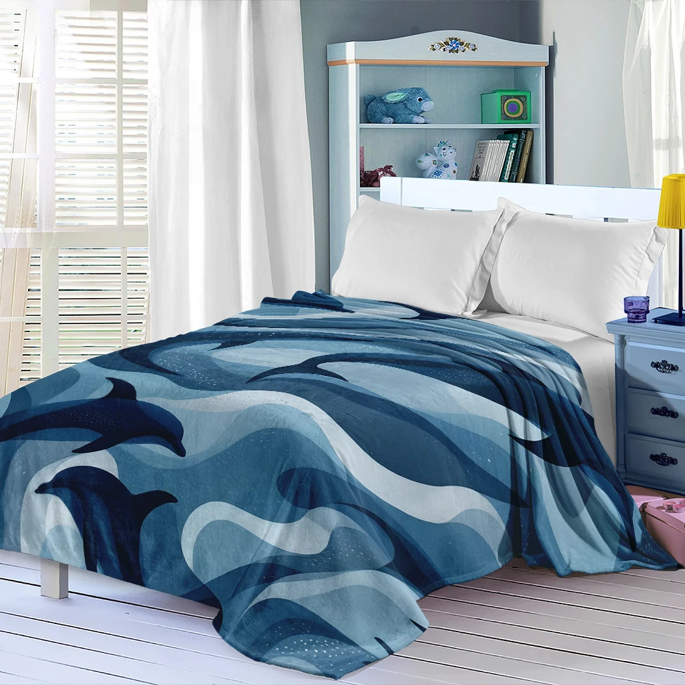 Blue Dolphins Waves Ocean Warm Flannel Fleece Blanket Thick Soft Cozy Throw Blanket for Winter Bed Couch Plush Bedspread