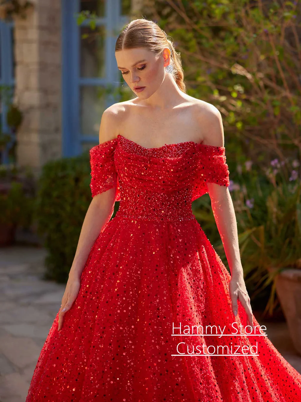 Vestido De noche rojo brillante personalizado con hombros descubiertos, cuello en V, cuentas, lentejuelas, cola De corte, vestido De fiesta De graduación