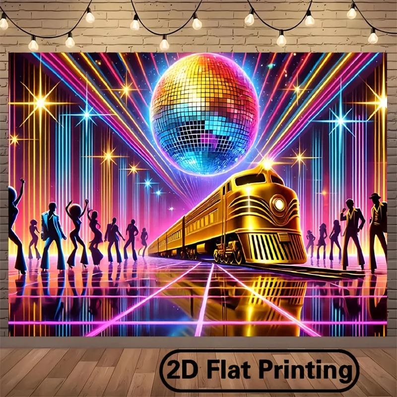 2D-Flach-1-Retro-Disco-Zug-Party-Hintergrund – ein lebendiger Fotohintergrund aus Polyester mit goldenen Zügen und bunten Lichtern
