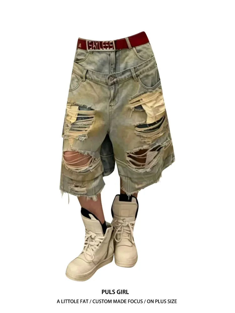 

High Waist Wide Leg Jeans Women's Summer New Loose Fit Seven-Foot Pants Double Waist Design American Street Style Washed out